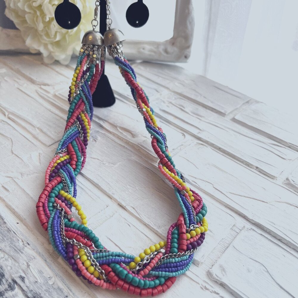 Multicolor/multistrand choker necklace- Red, blue, green, yellow beads (###)